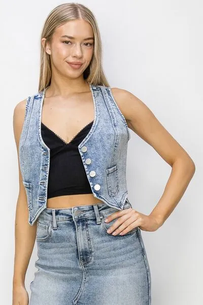 RISEN Button Down Crop Denim Vest sold by Charming Charlie product image thumbnail 4