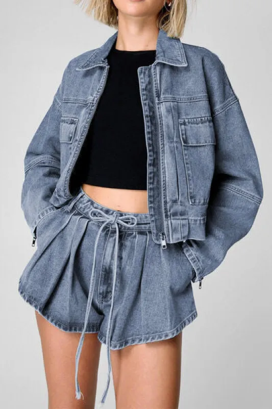 Zip Up Jacket and Drawstring Shorts Denim Set sold by Charming Charlie