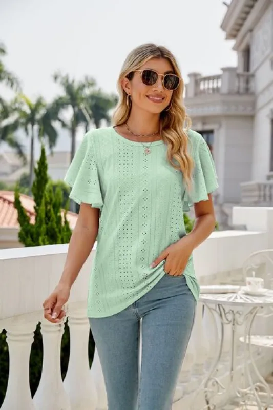 Mandy Eyelet Round Neck Flutter Sleeve Top sold by Charming Charlie