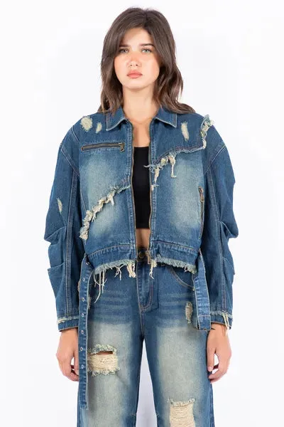 American Bazi Full Size Distressed Frayed Edge Zip Up Denim Jacket Plus Size sold by Charming Charlie