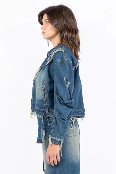 American Bazi Full Size Distressed Frayed Edge Zip Up Denim Jacket Plus Size sold by Charming Charlie product image thumbnail 2