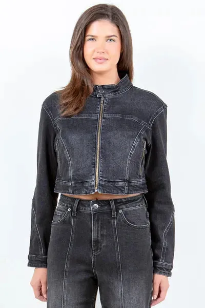 American Bazi Full Size Zip Up Cropped Denim Rider Jacket Plus Size sold by Charming Charlie product image thumbnail 2