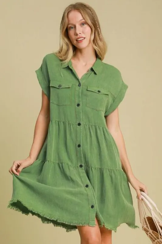 Umgee Full Size Frayed Hemline Button Down Shirt Dress Plus Size sold by Charming Charlie