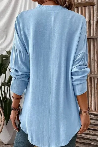 Solid Color Notched Long Sleeve Blouse sold by Charming Charlie product image thumbnail 2