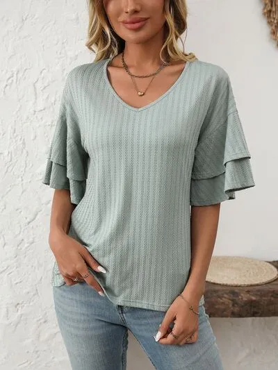 Mandy V-Neck Ruffle Half Sleeve Top sold by Charming Charlie