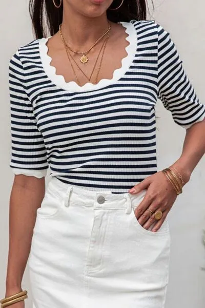 Striped Contrast Scallop Trim Half Sleeve T-shirt sold by Charming Charlie