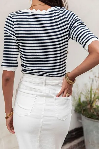 Striped Contrast Scallop Trim Half Sleeve T-shirt sold by Charming Charlie product image thumbnail 3