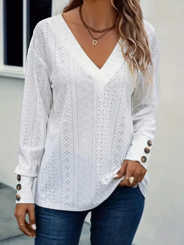 Eyelet V-Neck Long Sleeve Blouse sold by Charming Charlie
