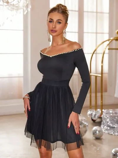 Pearl Trim Mesh Hem Off Shoulder Dress sold by Charming Charlie product image thumbnail 2