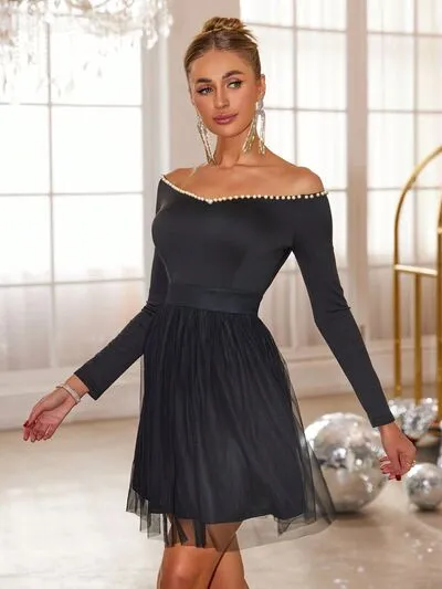 Pearl Trim Mesh Hem Off Shoulder Dress sold by Charming Charlie product image thumbnail 4