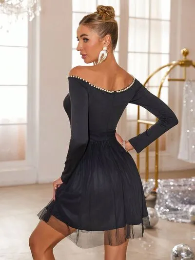 Pearl Trim Mesh Hem Off Shoulder Dress sold by Charming Charlie product image thumbnail 3