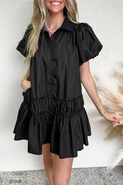 Button Down Puff Sleeve Ruffle Hem Dress sold by Charming Charlie