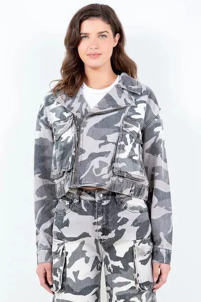 American Bazi Full Size Camouflage Zip Up Cropped Rider Jacket Plus Size sold by Charming Charlie