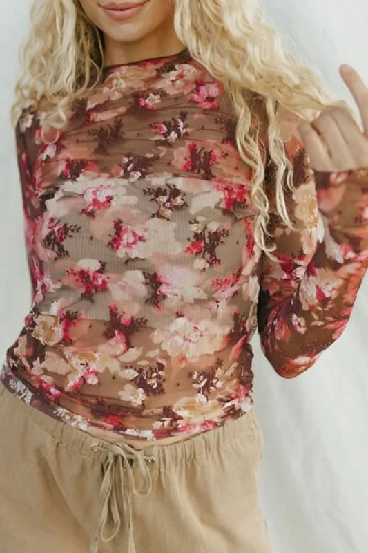 Floral Mock Neck Long Sleeve Sheer Top sold by Charming Charlie