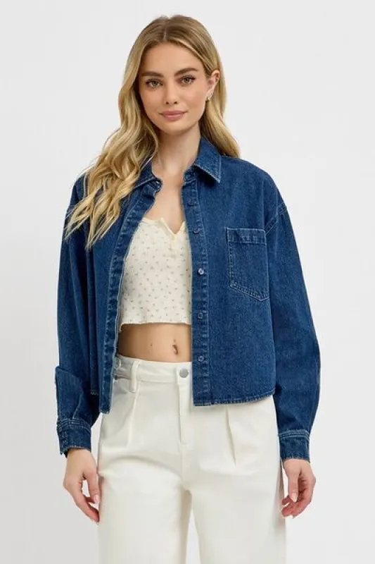 RISEN Button Up Long Sleeve Denim Shacket sold by Charming Charlie
