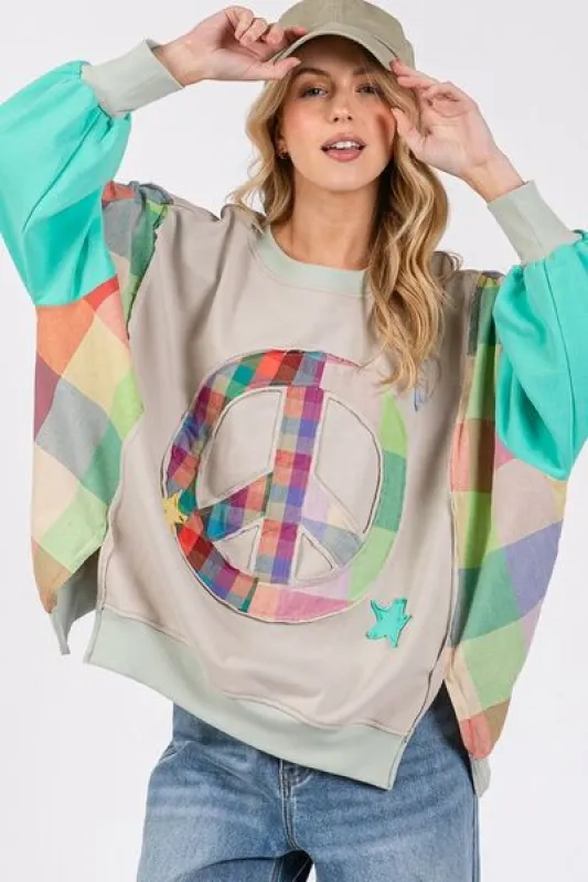 SAGE + FIG Contrast Peace Patch Dropped Shoulder Sweatshirt sold by Charming Charlie
