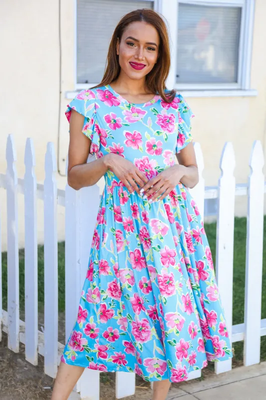 Feeling Femme Sky Blue Big Floral Folded Ruffle Sleeves Midi Dress sold by Charming Charlie