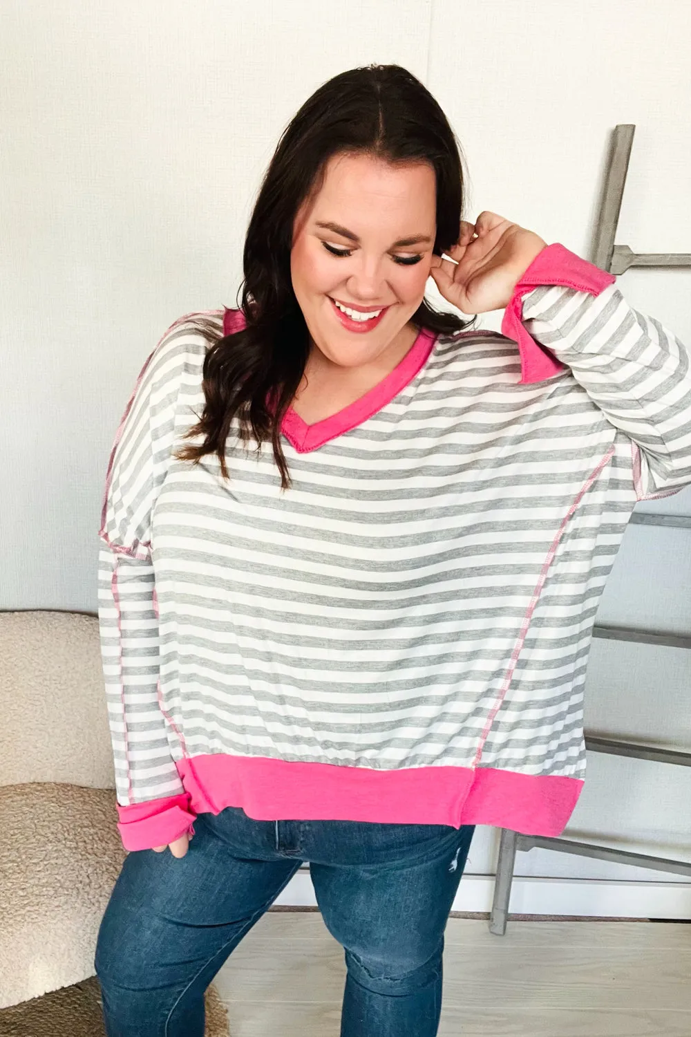 Weekend Ready Heather Grey Stripe Hi-Lo Out Seam Stitch Pullover sold by Charming Charlie