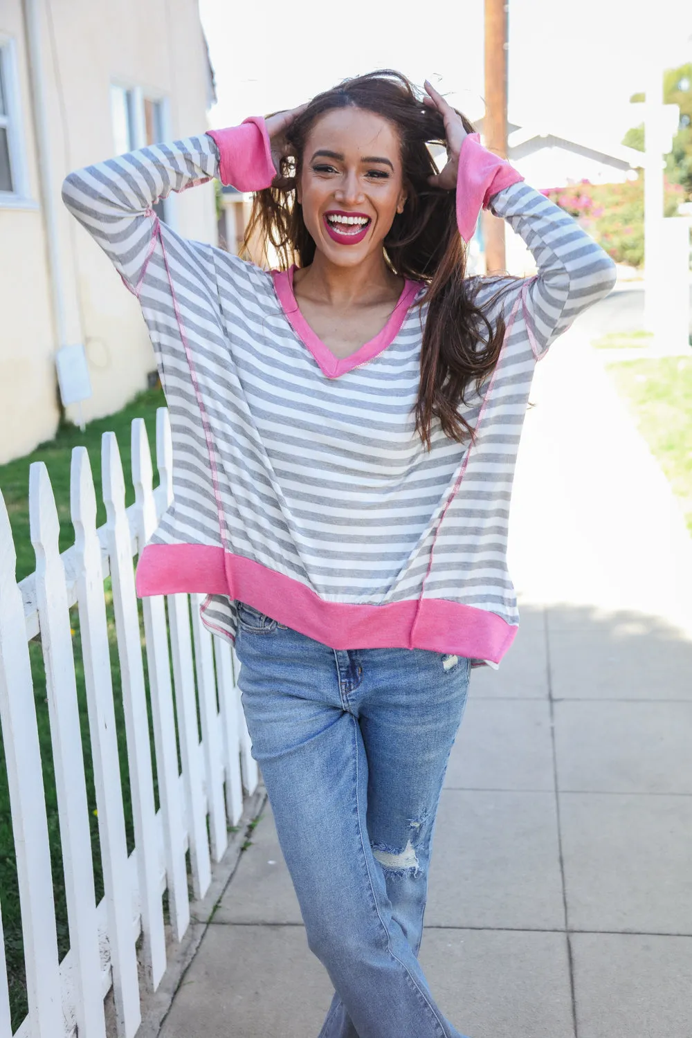 Weekend Ready Heather Grey Stripe Hi-Lo Out Seam Stitch Pullover sold by Charming Charlie product image thumbnail 2