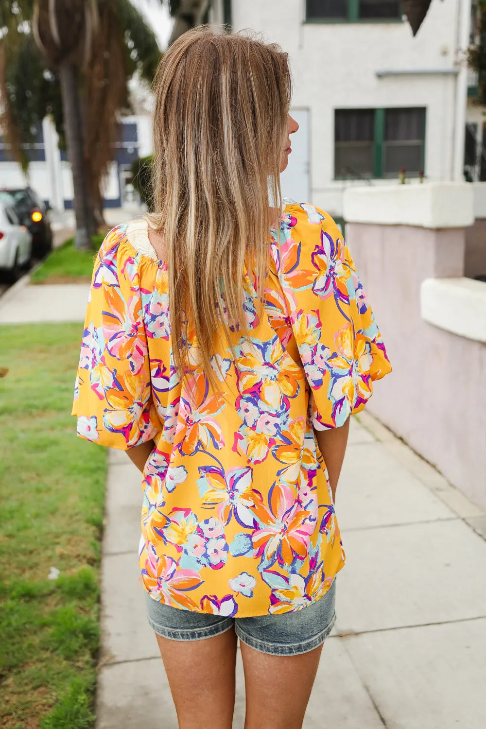 Give Joy Yellow Tropical Floral Print Elastic Elbow-Length Sleeve Blouse sold by Charming Charlie product image thumbnail 2