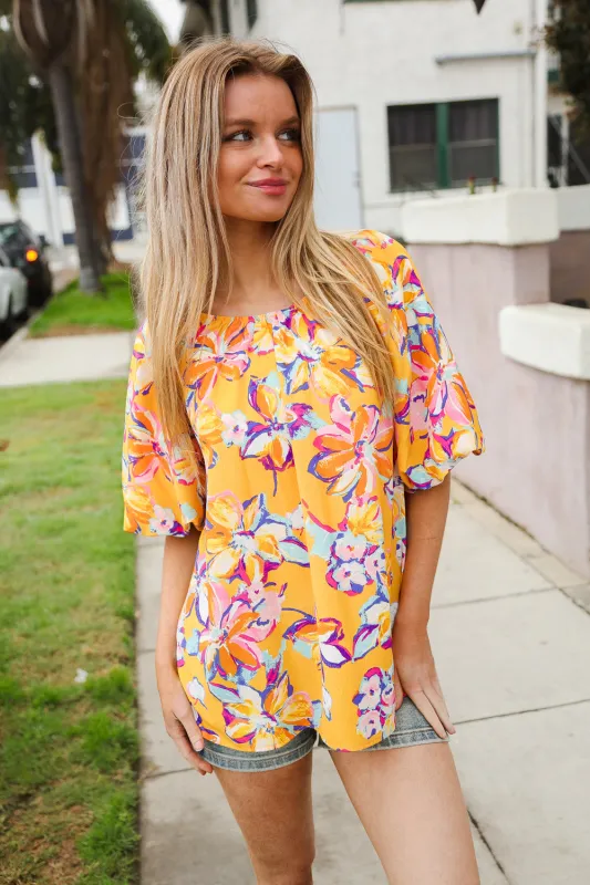 Give Joy Yellow Tropical Floral Print Elastic Elbow-Length Sleeve Blouse made by First Love