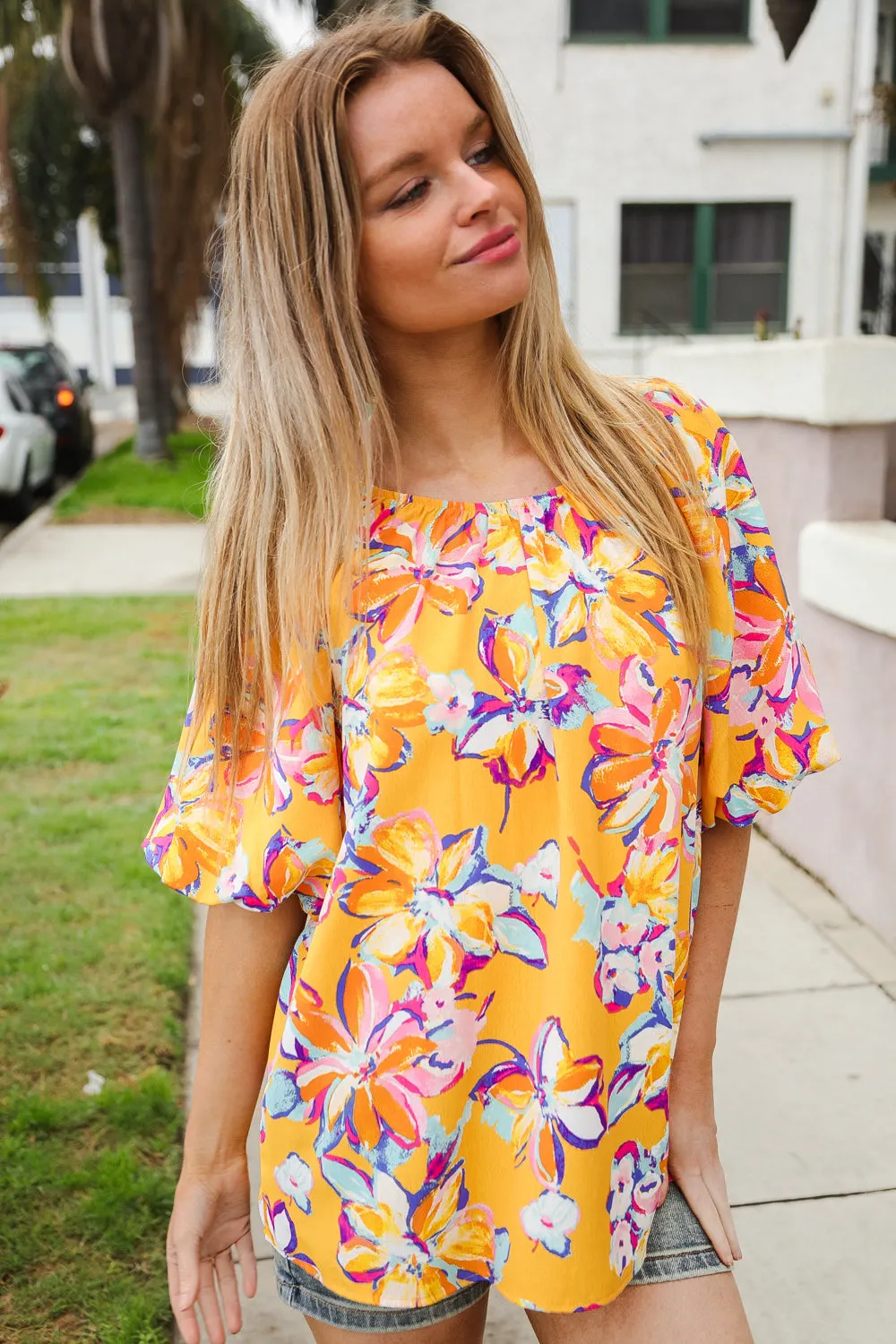 Give Joy Yellow Tropical Floral Print Elastic Elbow-Length Sleeve Blouse sold by Charming Charlie product image thumbnail 5