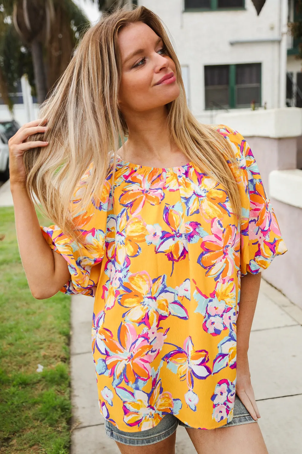 Give Joy Yellow Tropical Floral Print Elastic Elbow-Length Sleeve Blouse sold by Charming Charlie product image thumbnail 3