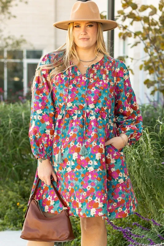 Plus Size Floral Print Shirred Ruffle Mini Dress sold by Charming Charlie