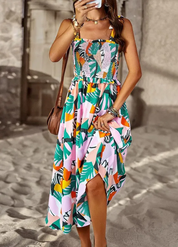 Printed smocked dress sold by Charming Charlie