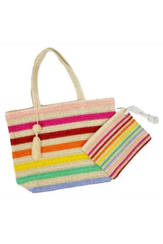 Rainbow Stripe Faux Straw Tote Bag Set sold by Charming Charlie