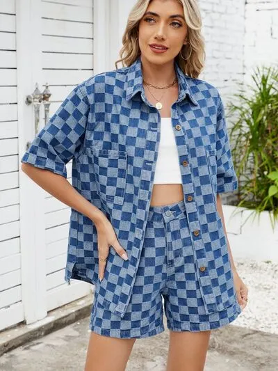 Checkered Shirt and Shorts Denim Set sold by Charming Charlie product image thumbnail 3