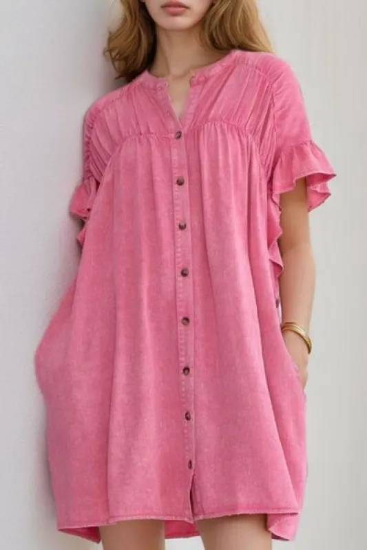 Ruffled Short Sleeve Buttoned Denim Mini Dress sold by Charming Charlie