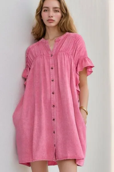 Ruffled Short Sleeve Buttoned Denim Mini Dress sold by Charming Charlie product image thumbnail 2