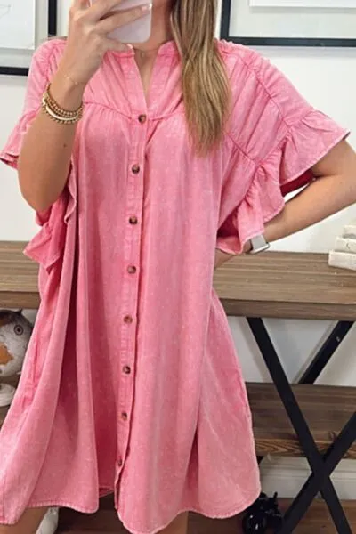 Ruffled Short Sleeve Buttoned Denim Mini Dress sold by Charming Charlie product image thumbnail 3