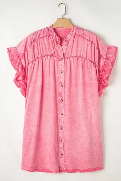 Ruffled Short Sleeve Buttoned Denim Mini Dress sold by Charming Charlie product image thumbnail 4