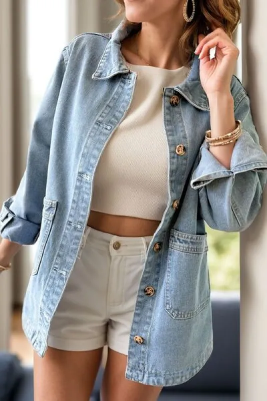 Side Button Slit Denim Jacket with Pockets sold by Charming Charlie