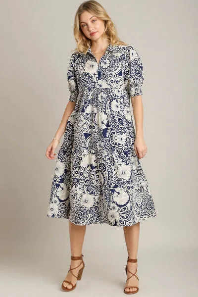 Umgee Full Size Printed Smocked Cuff Puff Sleeve Midi Dress Plus Size sold by Charming Charlie