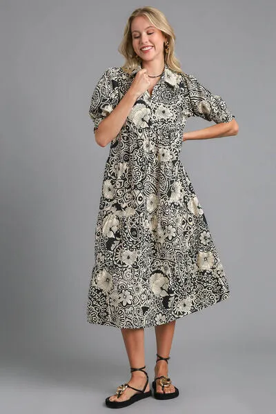 Umgee Full Size Printed Smocked Cuff Puff Sleeve Midi Dress Plus Size sold by Charming Charlie