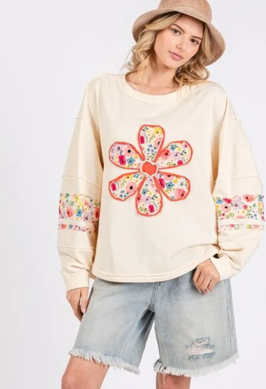 SAGE + FIG Daisy Patch Applique Long Sleeve Sweatshirt sold by Charming Charlie