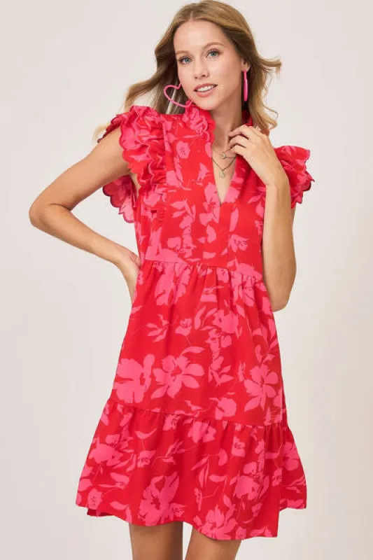 Umgee Full Size Two Tone Floral Print Ruffle Cap Sleeve Mini Dress Plus Size sold by Charming Charlie