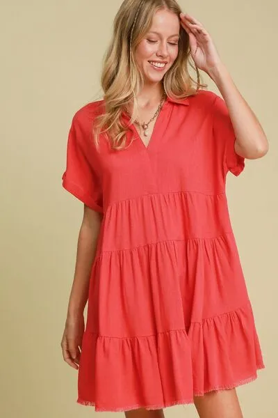Umgee Full Size Raw Hem Folded Sleeve Tiered Dress Plus Size sold by Charming Charlie