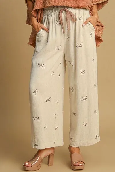 Umgee Full Size Lace Drawstring Embroidered Bow Wide Leg Pants Plus Size sold by Charming Charlie product image thumbnail 2