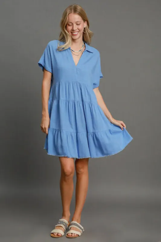 Umgee Full Size Raw Hem Folded Sleeve Tiered Dress Plus Size sold by Charming Charlie