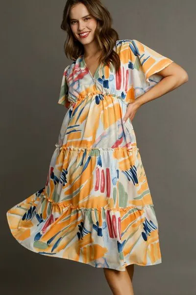 Umgee Full Size Abstract Print Flutter Sleeve Frill Tiered Midi Dress Plus Size sold by Charming Charlie