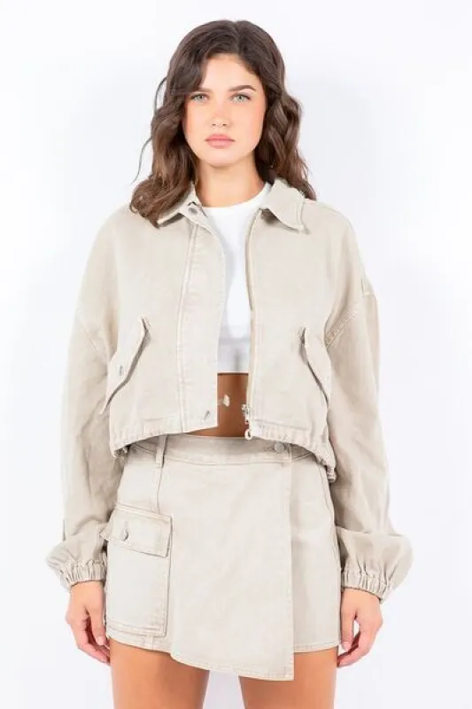 American Bazi Drawstring Waist Crop Jacket sold by Charming Charlie
