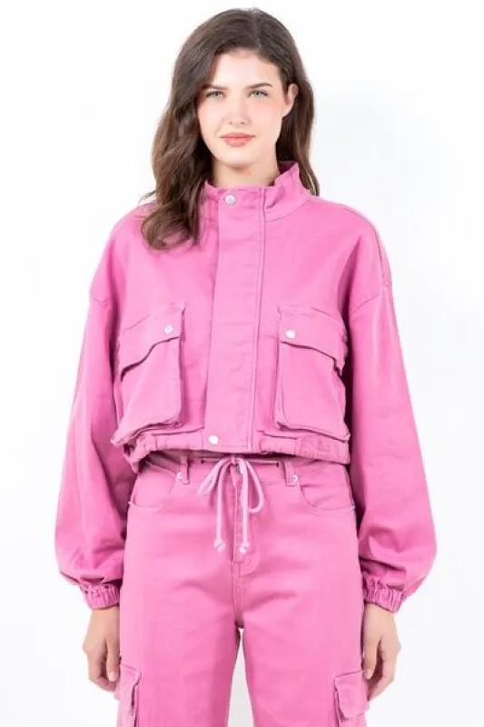 American Bazi Full Size Drawstring Hem Cargo Pocket Cropped Worker Jacket Plus Size sold by Charming Charlie