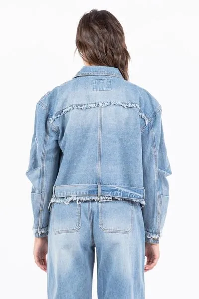 American Bazi Full Size Distressed Frayed Edge Zip Up Denim Jacket Plus Size sold by Charming Charlie product image thumbnail 2