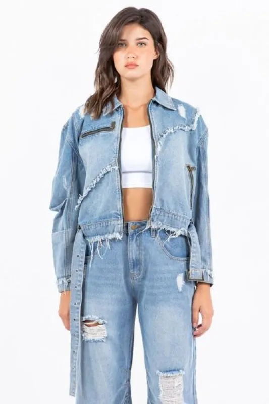 American Bazi Full Size Distressed Frayed Edge Zip Up Denim Jacket Plus Size sold by Charming Charlie