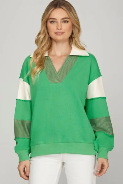 She + Sky Full Size Color Block Sleeve Johnny Collar French Terry Sweatshirt Plus Size sold by Charming Charlie