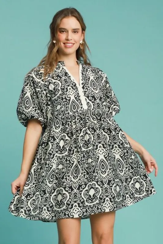 Umgee Full Size Abstract Print Puff Sleeve Dress Plus Size sold by Charming Charlie